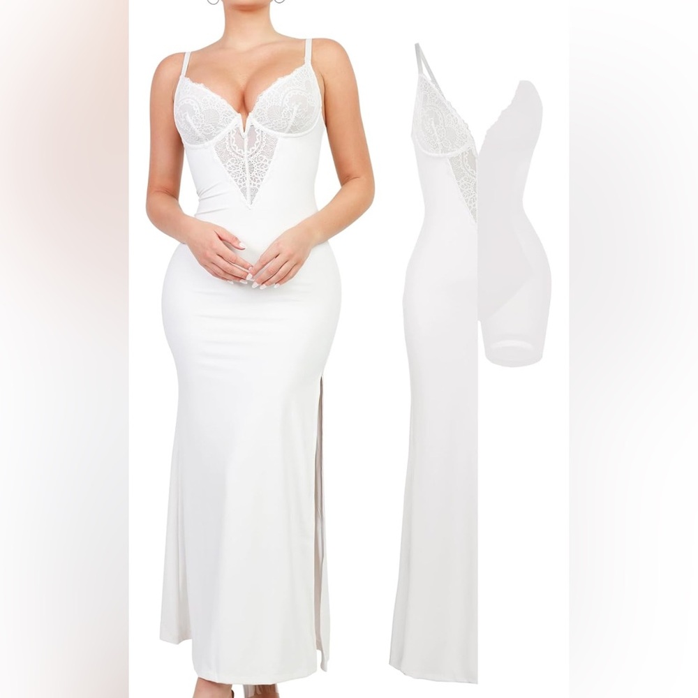Popilush Shapewear Dress DeepV Lace Satin Drape Slip Split Bodycon Cocktail Maxi